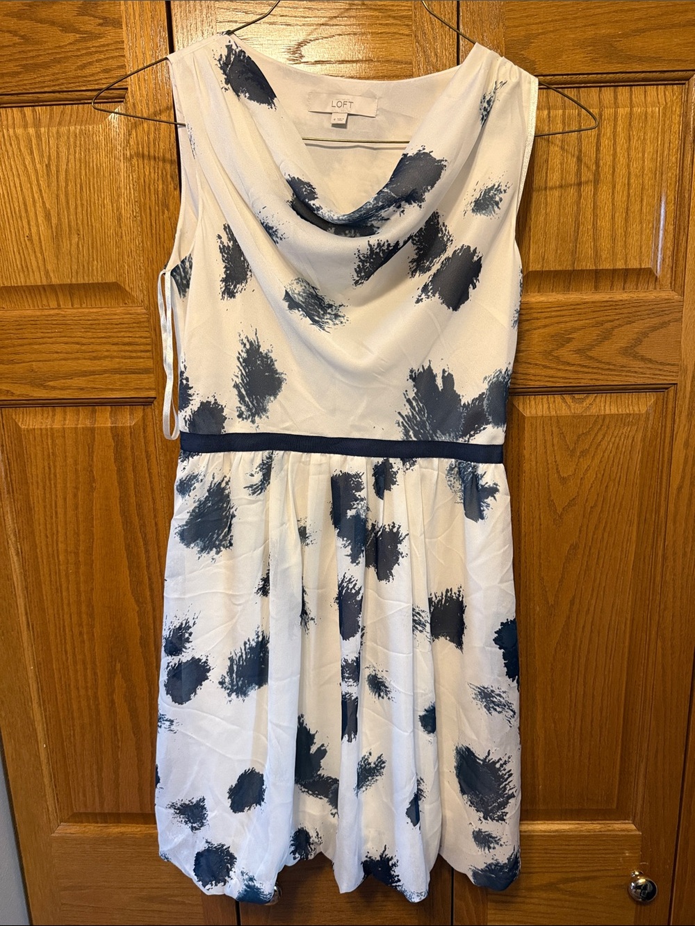 LOFT White Dress with Navy Paint-Spot Print